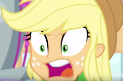 Size: 649x432 | Tagged: safe, screencap, applejack, equestria girls, equestria girls series, g4, rollercoaster of friendship, angry, cowboy hat, faic, female, hat, solo, teenager, unamused, yelling, you're not special