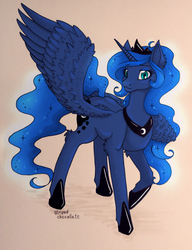 Size: 981x1280 | Tagged: safe, artist:striped-chocolate, princess luna, alicorn, pony, rcf community, g4, :3, female, hoof shoes, jewelry, looking at you, mare, peytral, raised hoof, simple background, solo, tiara