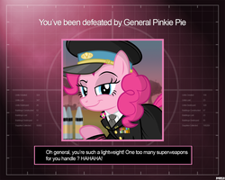 Size: 1280x1024 | Tagged: safe, artist:a4r91n, pinkie pie, earth pony, pony, g4, cap, clothes, command and conquer, command and conquer: generals, crossover, hat, looking at you, medals, military uniform, nuclear weapon, smug, uniform, weapon, you lose