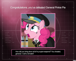 Size: 1280x1024 | Tagged: safe, alternate version, artist:a4r91n, pinkie pie, earth pony, pony, g4, cap, clothes, command and conquer, command and conquer: generals, crossover, hat, medal, military uniform, nuclear weapon, open mouth, uniform, weapon, you win