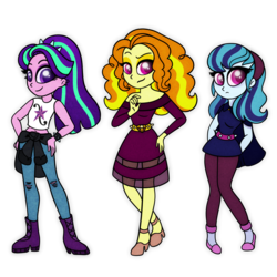Size: 1200x1200 | Tagged: safe, artist:carouselunique, adagio dazzle, aria blaze, sonata dusk, equestria girls, g4, alternate clothes, alternate hairstyle, belly button, clothes, dress, female, looking at you, midriff, simple background, smiling, tank top, the dazzlings, transparent background