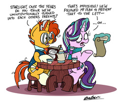 Size: 2114x1757 | Tagged: safe, artist:bobthedalek, starlight glimmer, sunburst, pony, unicorn, g4, book, clothes, cup, female, future, glasses, implied firelight, implied stellar flare, jewelry, magic, male, mare, necklace, older, scroll, simple background, sitting, stallion, table, teacup, teapot, telekinesis, white background