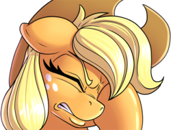 Size: 500x379 | Tagged: safe, artist:pusspuss, applejack, earth pony, pony, g4, facehoof, female, frustrated, hat, irritated, reaction image, simple background, solo, transparent background