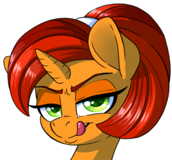 Size: 500x465 | Tagged: safe, artist:pusspuss, stellar flare, pony, g4, explicit source, female, licking, licking lips, reaction image, simple background, solo, tongue out, transparent background