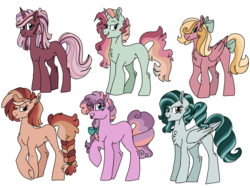 Size: 1200x900 | Tagged: safe, artist:ficklepickle9421, oc, oc only, oc:autumn leaves, oc:clouded sky, oc:eve, oc:petunia, oc:sunrise mist, oc:sweetie pie, earth pony, pegasus, pony, unicorn, adoptable, bow, braided tail, chest fluff, female, freckles, hair bow, hair over one eye, magical lesbian spawn, mare, next generation, offspring, parent:applejack, parent:big macintosh, parent:fluttershy, parent:pinkie pie, parent:rainbow dash, parent:rarity, parent:roseluck, parent:sugar belle, parent:sunset shimmer, parent:tempest shadow, parent:thunderlane, parent:twilight sparkle, parents:fluttermac, parents:rarilane, parents:rosejack, parents:sugarpie, parents:sunsetdash, parents:tempestlight, simple background, tongue out, white background