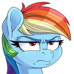 Size: 900x900 | Tagged: safe, artist:pusspuss, rainbow dash, pony, g4, bust, cute, deadpan, female, frown, lidded eyes, madorable, mare, patreon, patreon logo, portrait, rainbow dash is best facemaker, rainbow dash is not amused, reaction image, simple background, solo, transparent background, unamused