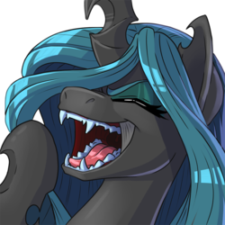 Size: 900x900 | Tagged: safe, artist:pusspuss, queen chrysalis, changeling, changeling queen, g4, bust, eyes closed, fangs, female, laughing, noblewoman's laugh, open mouth, patreon, patreon logo, portrait, reaction image, simple background, smiling, solo, transparent background