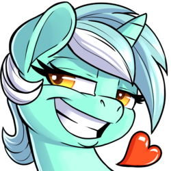 Size: 900x900 | Tagged: safe, artist:pusspuss, lyra heartstrings, pony, unicorn, g4, bust, female, flirting, grin, heart, looking at you, mare, patreon, patreon logo, portrait, reaction image, simple background, smiling, smug, solo, transparent background