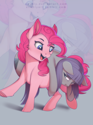 Size: 1482x2000 | Tagged: safe, artist:evehly, maud pie, pinkie pie, earth pony, pony, g4, carrying, cute, cutie mark, duo, duo female, female, happy, lifted leg, looking at each other, mare, open mouth, sisters, underhoof, wrong cutie mark, zoom layer