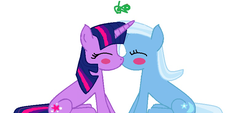 Size: 811x367 | Tagged: artist needed, safe, trixie, twilight sparkle, pony, unicorn, g4, duo, female, kiss on the lips, kissing, lesbian, mistletoe, ship:twixie, shipping, simple background, white background