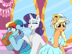 Size: 2048x1536 | Tagged: safe, artist:pastel-charms, applejack, rainbow dash, rarity, pony, g4, and then there's rarity, applejack also dresses in style, bag, clothes, dress, forced makeover, hat, horrified, hyperventilating, lost bet, mirror, model, modeling, paper bag, puffy sleeves, rainbow dash always dresses in style