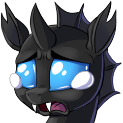 Size: 900x900 | Tagged: safe, artist:pusspuss, changeling, adorable distress, bust, crying, cute, cuteling, daaaaaaaaaaaw, fangs, frown, looking at you, male, open mouth, patreon, patreon logo, portrait, reaction image, sad, simple background, solo, teary eyes, transparent background