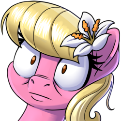 Size: 900x900 | Tagged: safe, artist:pusspuss, lily, lily valley, earth pony, pony, g4, bust, female, mare, patreon, patreon logo, portrait, reaction image, shocked, shrunken pupils, simple background, solo, transparent background