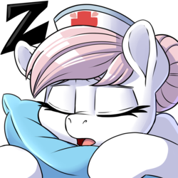 Size: 900x900 | Tagged: safe, artist:pusspuss, nurse redheart, earth pony, pony, eyes closed, female, hat, mare, open mouth, patreon, patreon logo, pillow, reaction image, simple background, sleeping, sleepy, solo, transparent background, z