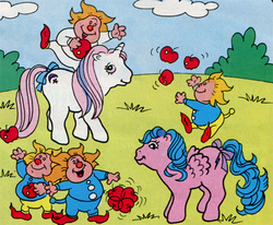Size: 479x394 | Tagged: safe, baby firefly, baby moondancer, pegasus, pony, unicorn, comic:my little pony (g1), g1, apple, apple goblin (species), baby, baby pony, food