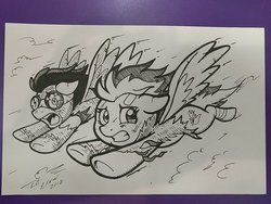 Size: 1440x1080 | Tagged: safe, artist:latecustomer, soarin', spitfire, pegasus, pony, g4, clothes, female, flying, goggles, male, mare, stallion, torn clothes, traditional art
