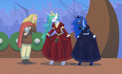 Size: 1690x1020 | Tagged: safe, artist:carnifex, princess celestia, princess luna, human, anthro, unguligrade anthro, g4, bowing, clothes, curtsey, dress, ethereal mane, eyes closed, harald fairhair, helmet, royal sisters, starry mane, trio, viking helmet