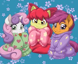 Size: 906x748 | Tagged: safe, artist:latecustomer, apple bloom, scootaloo, sweetie belle, earth pony, pegasus, pony, unicorn, g4, :p, adorabloom, bow, clothes, cute, cutealoo, cutie mark crusaders, diasweetes, female, filly, looking at you, oversized clothes, silly, smiling, sweater, tongue out, trio, weapons-grade cute