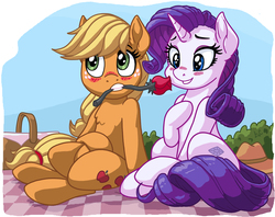 Size: 1650x1307 | Tagged: safe, artist:latecustomer, applejack, rarity, earth pony, pony, unicorn, g4, basket, blushing, cowboy hat, cute, female, flower, flower in mouth, hat, jackabetes, lesbian, love, mare, mouth hold, picnic, picnic basket, picnic blanket, raribetes, rose, rose in mouth, ship:rarijack, shipping