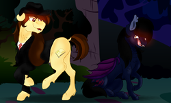 Size: 5000x3000 | Tagged: safe, artist:euspuche, oc, oc:neo, oc:torus hooves, bat pony, earth pony, pony, wolf pony, angry, forest, looking at each other, night, smiling