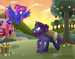 Size: 2605x2059 | Tagged: safe, artist:raspberrystudios, oc, oc only, oc:feather song, oc:lucas, pegasus, pony, unicorn, admiring, apple, apple tree, barn, blushing, cloud, cloven hooves, flying, food, high res, in love, longing, shipping, sunset, sweet apple acres, sweet apple acres barn, tree