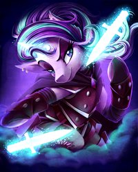 Size: 3276x4096 | Tagged: safe, artist:jadedjynx, part of a set, starlight glimmer, pony, unicorn, g4, armor, cape, clothes, dagger, dungeons and dragons, ear piercing, earring, fantasy class, female, gauntlet, glowing horn, high res, horn, jewelry, magic, mare, piercing, rogue, smiling, smirk, solo, stockings, sword, thigh highs, weapon