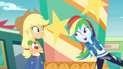 Size: 1280x720 | Tagged: safe, screencap, applejack, rainbow dash, equestria girls, equestria girls series, g4, rollercoaster of friendship, discovery family logo, female, geode of super speed, geode of super strength, magical geodes