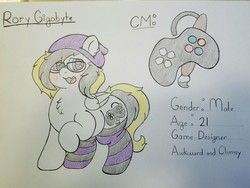Size: 4032x3024 | Tagged: safe, artist:dorky-oreo-pone, oc, oc only, oc:rory gigabyte, pony, beanie, blushing, chest fluff, chubby, clothes, cute, cutie mark, glasses, hat, male, reference, socks, solo, striped socks, traditional art