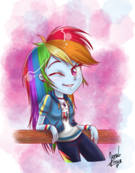 Size: 800x1028 | Tagged: safe, artist:janadashie, rainbow dash, equestria girls, equestria girls series, g4, beautiful, clothes, female, geode of super speed, looking at you, magical geodes, one eye closed, smiling, solo, tomboy, wink