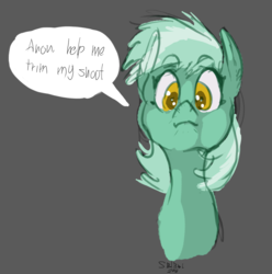 Size: 2076x2092 | Tagged: safe, artist:helloiamyourfriend, lyra heartstrings, pony, unicorn, g4, bust, dialogue, female, gray background, high res, implied anon, missing horn, portrait, simple background, sketch, solo, speech, text bubbles, whiskers