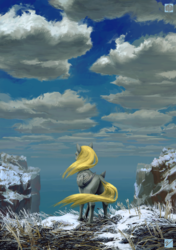 Size: 3496x4960 | Tagged: safe, artist:quiet-victories, oc, oc only, pegasus, pony, fanfic:northland, absurd resolution, cliffs, cloud, commission, fanfic art, female, mare, not derpy, sky, solo, water