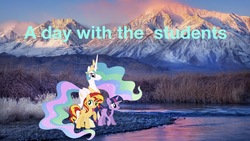 Size: 2033x1148 | Tagged: safe, artist:php77, editor:php77, princess celestia, sunset shimmer, twilight sparkle, alicorn, pony, unicorn, g4, 1000 years in photoshop, female, irl, mare, mountain, photo, ponies in real life, wallpaper, water