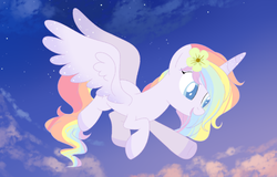 Size: 684x437 | Tagged: safe, artist:owlity, oc, oc only, oc:flower power, alicorn, pony, cloud, female, flower, flower in hair, flying, mare, open mouth, pastel, solo, sunset