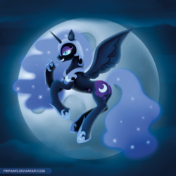 Size: 800x800 | Tagged: safe, artist:piripaints, nightmare moon, alicorn, pony, g4, armor, ethereal mane, female, flying, full moon, giggling, mare, moon, night, solo, starry mane