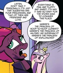 Size: 581x671 | Tagged: safe, artist:andypriceart, idw, official comic, princess cadance, tempest shadow, alicorn, pony, unicorn, g4, spoiler:comic, spoiler:comic67, broken horn, cropped, disgusted, eye scar, female, horn, mare, pretty pretty tempest, princess of explosions, scar, speech bubble, tempest's tale, tomboy, tongue out, villain has a point