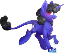 Size: 1024x846 | Tagged: safe, artist:scarlet-spectrum, oc, oc only, oc:maquette, pony, unicorn, art trade, blushing, digital art, happy, leonine tail, open mouth, paw pads, paws, simple background, smiling, transparent background, watermark