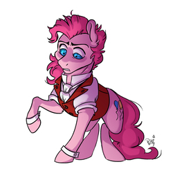 Size: 3114x3078 | Tagged: safe, artist:assassin-or-shadow, pinkie pie, earth pony, pony, g4, bubble berry, clothes, dr jekyll, dr jekyll and mr hyde, dr pinkie and miss pie, high res, raised hoof, rule 63, signature, simple background, solo, white background