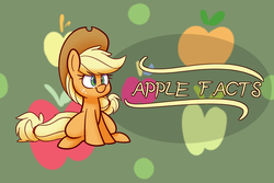 Size: 3000x2000 | Tagged: safe, artist:heir-of-rick, applejack, earth pony, pony, daily apple pony, g4, abstract background, apple, cowboy hat, cute, female, food, hat, high res, jackabetes, mare, sitting, solo, title card