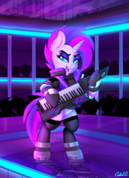 Size: 2000x2750 | Tagged: safe, artist:ciderpunk, oc, oc:synthwave, pony, audience, boots, clothes, cyberpunk, eyeshadow, glowstick, high res, keytar, makeup, musical instrument, neon, retro, retrofuturism, shoes, socks, stage, standing, synthwave, vest