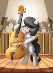Size: 2000x2750 | Tagged: safe, artist:ciderpunk, beauty brass, frederic horseshoepin, octavia melody, parish nandermane, symphony song, earth pony, pony, g4, bedroom eyes, bow, bowtie, cello, concert, female, high res, looking at you, male, mare, musical instrument, silhouette, smiling, stage, stallion, standing