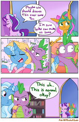Size: 1280x1960 | Tagged: safe, artist:kryptchild, snails, spike, starlight glimmer, trixie, dragon, pony, unicorn, ask glitter shell, comic:glim glam and pals, g4, alternate hairstyle, blushing, bow, comic, cute, drunk, drying, duckface, glitter shell, singing, towel, wet mane