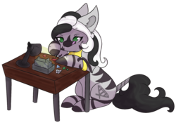 Size: 1900x1350 | Tagged: safe, artist:chimera-tea, oc, oc only, oc:jewel stand, zebra, armband, female, jewelry, lamp, necklace, simple background, table, tail wrap, tongue out, transparent background