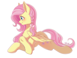 Size: 4000x3000 | Tagged: safe, artist:foxcarp, fluttershy, pegasus, pony, g4, alternate hairstyle, braid, female, looking away, mare, profile, prone, signature, simple background, solo, white background