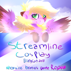 Size: 400x400 | Tagged: safe, artist:brainiac, oc, oc:streamline, pegasus, pony, bronycon, blushing, chest fluff, clothes, cosplay, costume, female, floppy ears, fluffy, knoxville, mare, solo, text