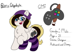 Size: 4032x3024 | Tagged: safe, artist:dorky-oreo-pone, artist:tai kai, oc, oc only, oc:rory gigabyte, pegasus, pony, beanie, blushing, chest fluff, chubby, clothes, cutie mark, digital art, glasses, hat, male, plump, reference sheet, simple background, socks, solo, striped socks, transparent background