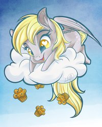 Size: 3600x4500 | Tagged: safe, artist:jadedjynx, derpy hooves, pegasus, pony, cheek fluff, chibi, cloud, cute, derpabetes, ear fluff, female, food, heart eyes, high res, mare, muffin, rain, solo, that pony sure does love muffins, weapons-grade cute, wingding eyes