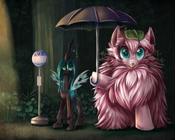 Size: 4500x3600 | Tagged: safe, artist:jadedjynx, queen chrysalis, oc, oc:fluffle puff, changeling, changeling queen, pony, g4, :p, bus stop, canon x oc, crossover, female, fluffy, frown, hoof hold, leaf, lesbian, macro, mare, my neighbor totoro, parody, rain, ship:chrysipuff, shipping, size difference, studio ghibli, tongue out, tree, tree branch, umbrella, unamused, wet