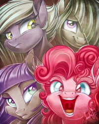 Size: 2880x3600 | Tagged: safe, artist:jadedjynx, limestone pie, marble pie, maud pie, pinkie pie, earth pony, pony, g4, female, high res, mare, open mouth, pie sisters, siblings, sisters, smiling, uvula