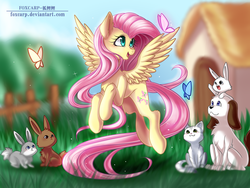 Size: 1600x1200 | Tagged: safe, artist:foxcarp, fluttershy, butterfly, cat, dog, pegasus, pony, rabbit, g4, chest fluff, cutie mark, female, grass, looking at something, smiling, spread wings, turned head, wings
