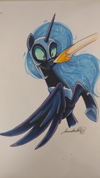 Size: 1152x2048 | Tagged: safe, artist:jadedjynx, nightmare moon, princess celestia, alicorn, pony, g4, armor, boop, cute, female, helmet, mare, marker drawing, offscreen character, simple background, solo focus, traditional art, white background